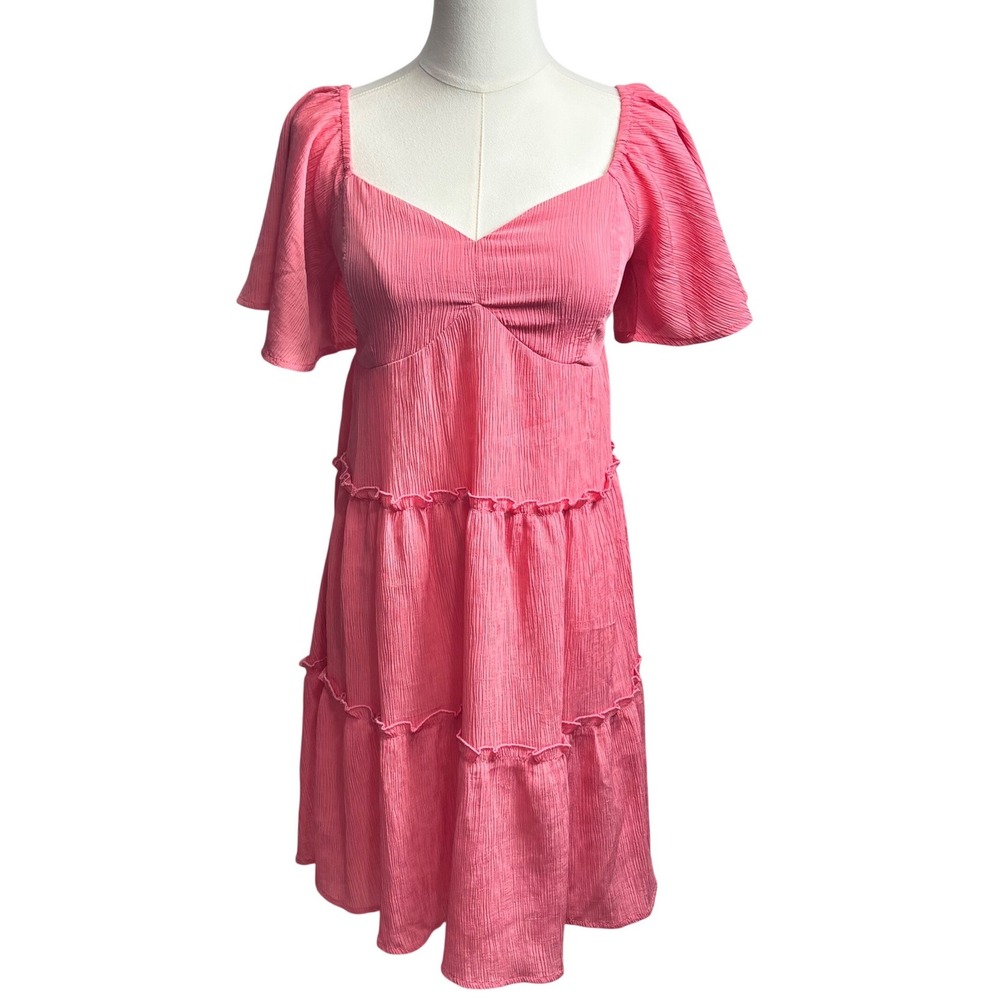 Babydoll Mini Dress Flutter Sleeve Pink Tiered Ruffle Cutout Back Coquette Small